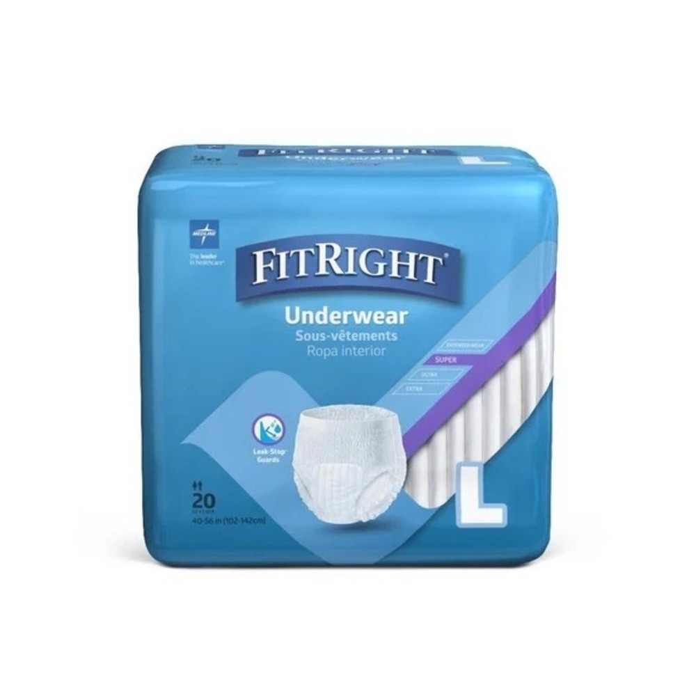 Medline FitRight Super Adult Underwear Large 40-56in‎ 20 Count Disposable Briefs